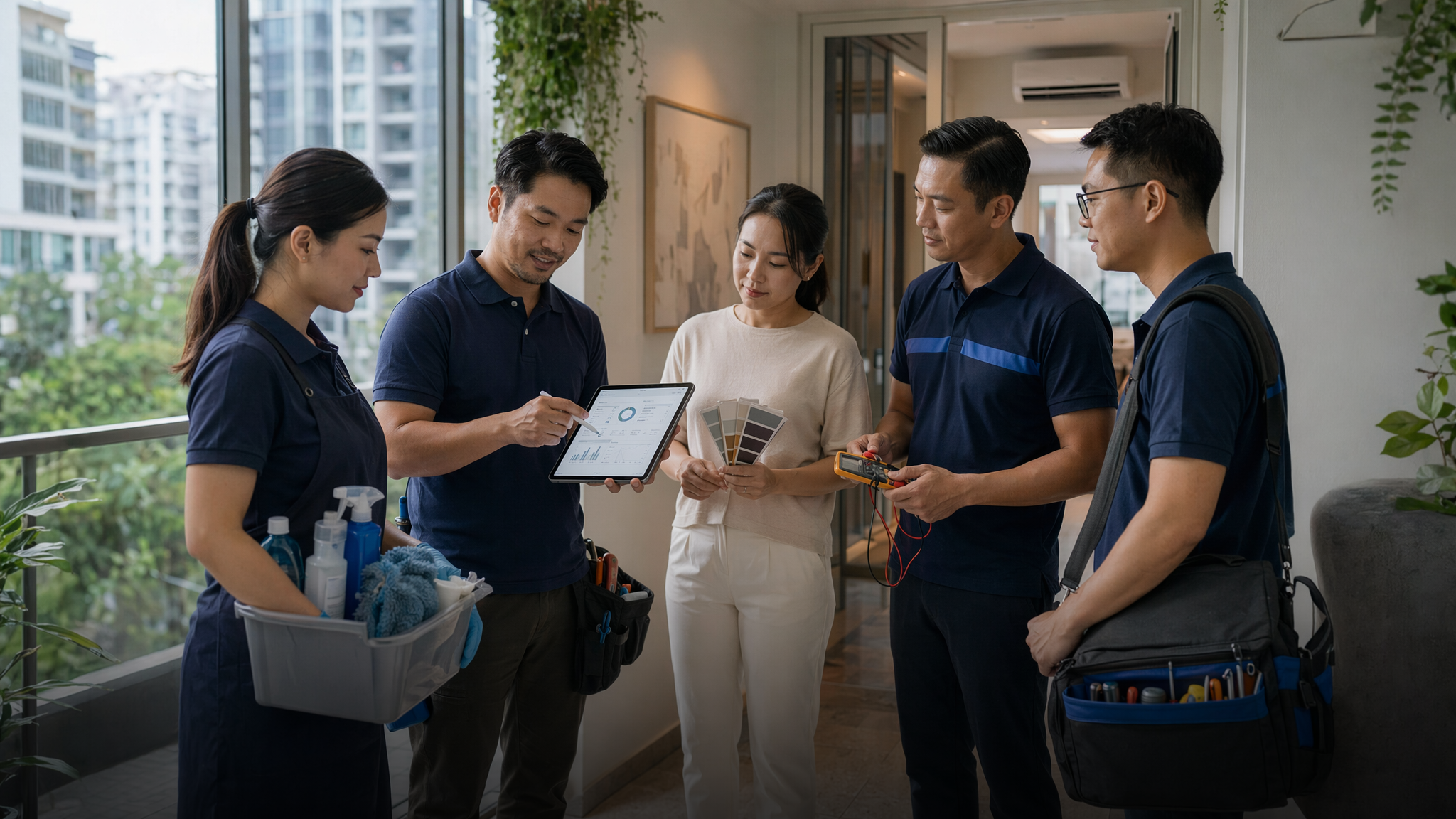 Service providers coordinating cleaning, repairs, renovation, and maintenance jobs in a Singapore apartment