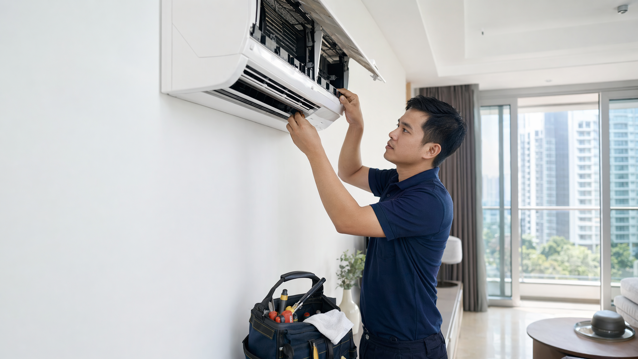 Aircon technician servicing a wall-mounted unit in a Singapore apartment